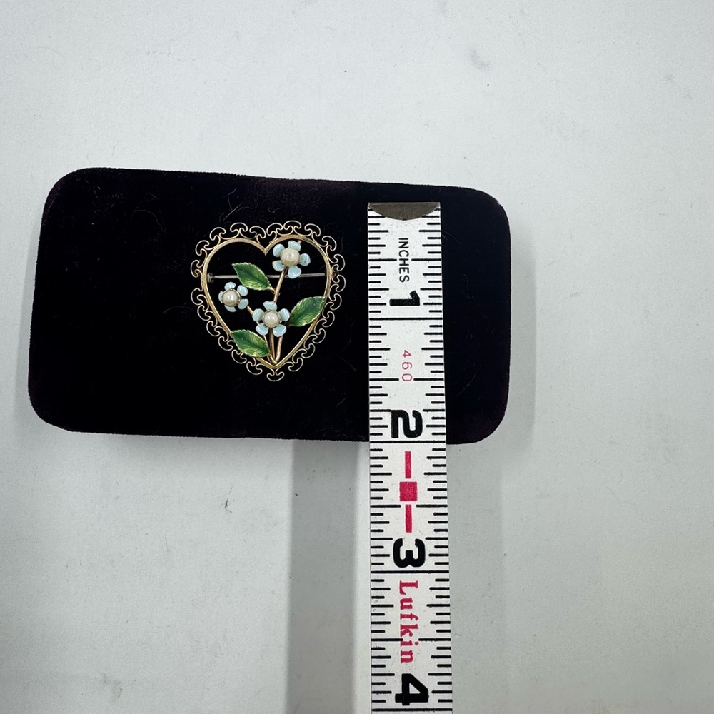1980's Rare Vintage Krementz Filigree Brooch Gold Heart Brooch with Blue Flowers - Picture 4 of 4